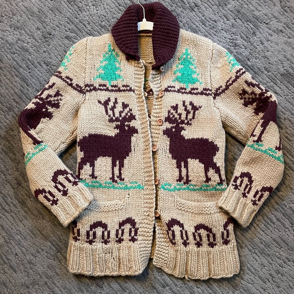 Vintage Handknit Cowichan Reindeer Pattern Sweater Cardigan